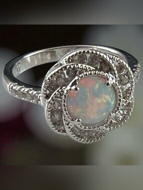 Signed FJ Silver-Tone Opal Halo Ring